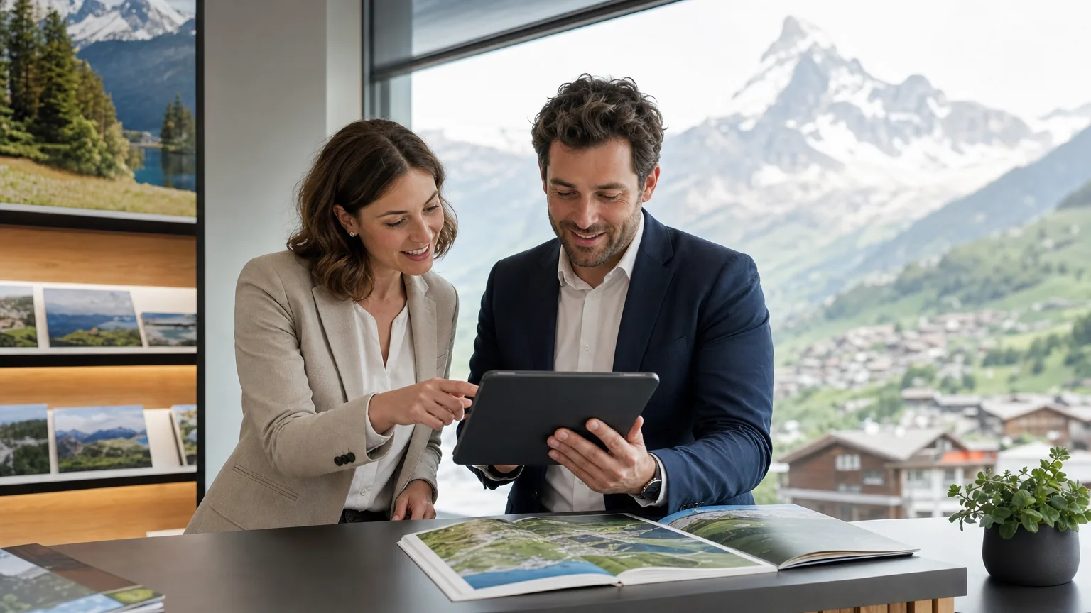 Zwei Tourismus-Fachpersonen planen gemeinsam an einem Tablet an einem Empfangscounter